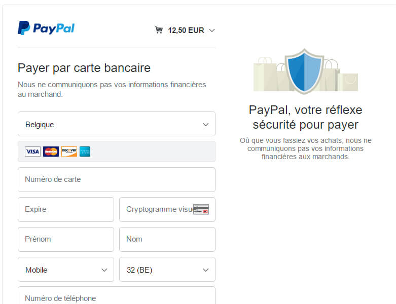 Page PayPal pour payement par CB sans compte PayPal